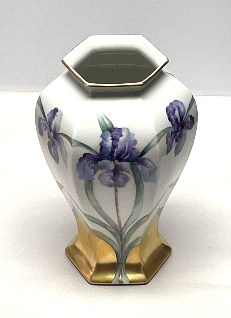 Antique Limoges Bernardaud &C France Hand Painted Iris Vase 1919 Hexagonal 11.5"